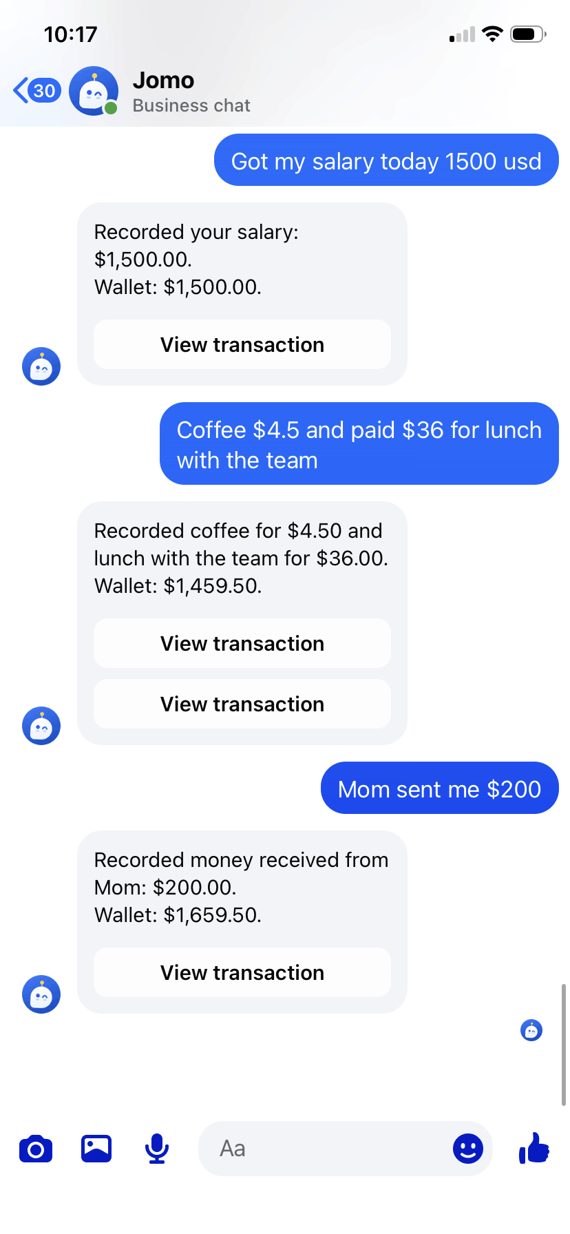 Jomo chat screen recording income and spending
